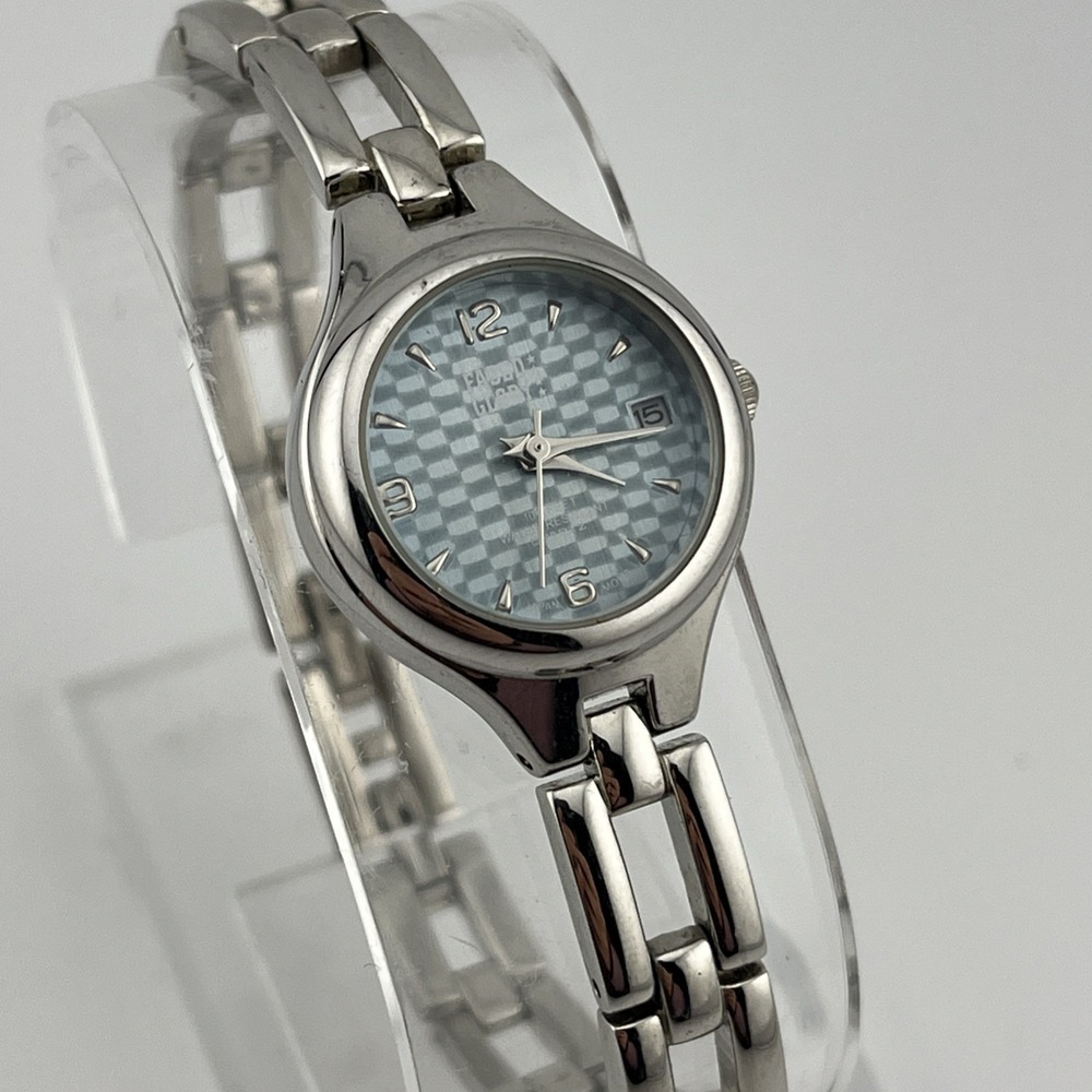 Faded Glory Watch Women Silver 7.5" Band Blue Checkered Dial- New Battery